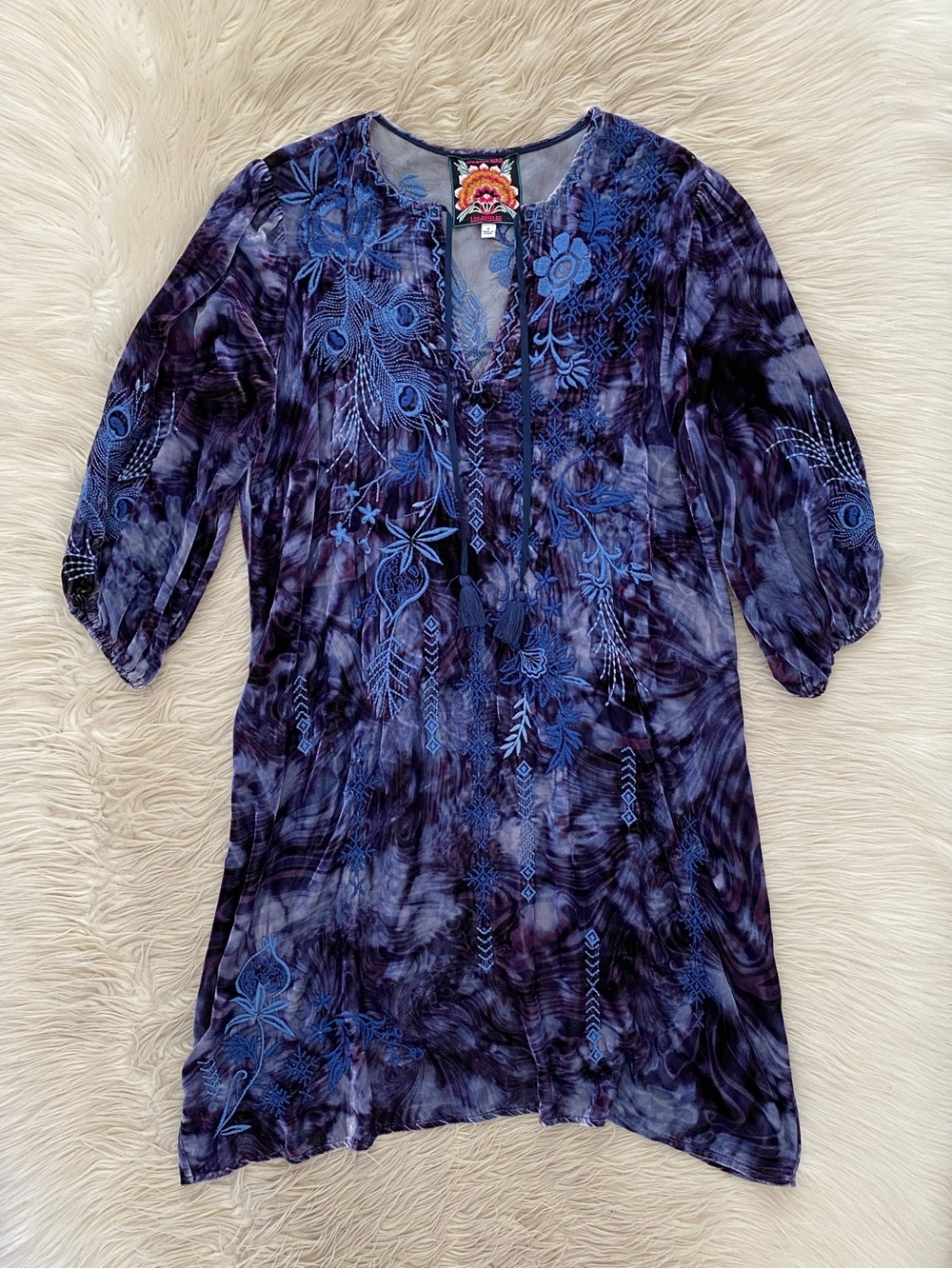 Johnny Was Azure Velvet Relaxed Dress Croatian Dreams Blue Purple Embroidered S - Picture 2 of 13